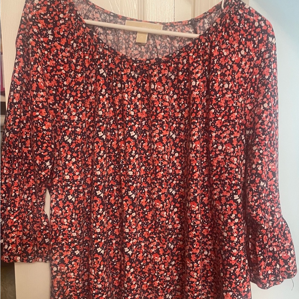 Michael Kors Red Floral Blouse -  XL - Elbow Sleeve Lightweight Top